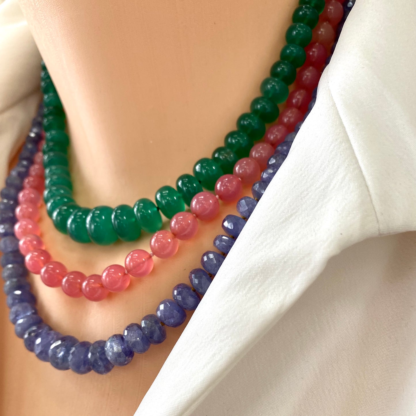 Layered gemstone necklaces with strawberry quartz cherry necklace, handmade Canadian jewelry styling