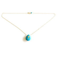 Charger l'image dans la galerie, 18K gold turquoise cross pendant necklace on a delicate floating chain with a polished teardrop turquoise stone.