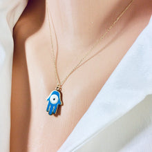 Load image into Gallery viewer, Solid Gold 18K Chain & Blue Enamel Evil Eye Hamsa