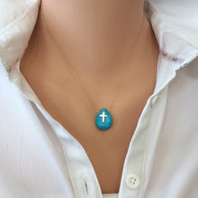 Charger l'image dans la galerie, 18K gold turquoise cross pendant necklace with teardrop turquoise stone on a minimalist floating chain.