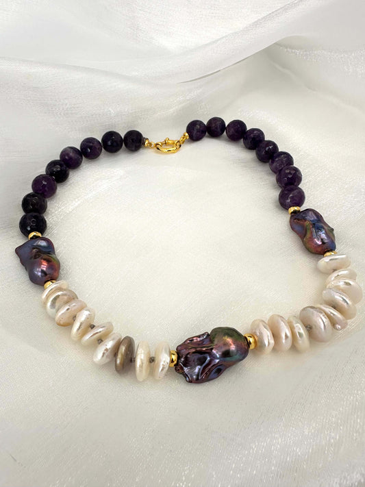 Baroque pearl necklace with faceted amethyst beads and off white coin pearls, 16.5 inch length