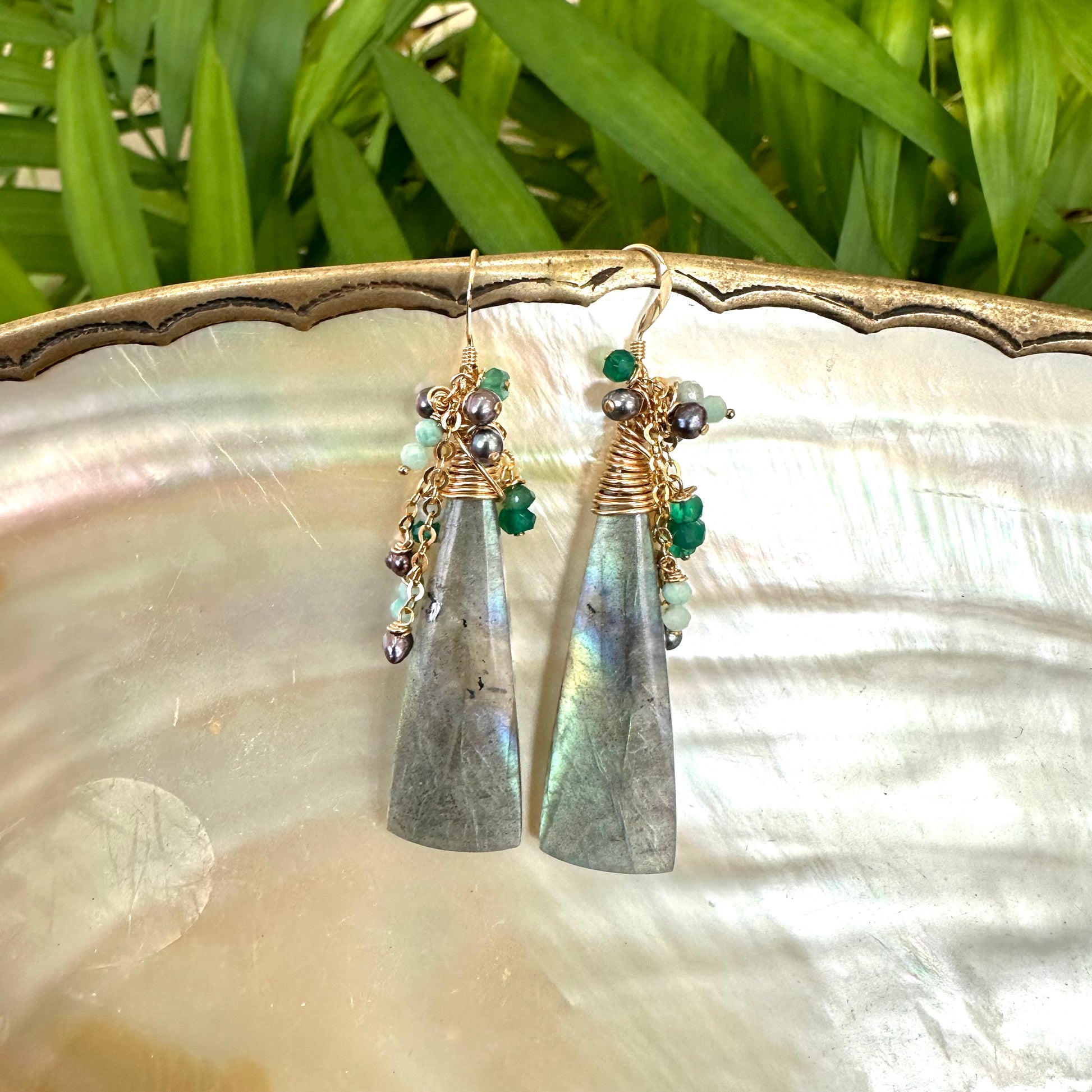 Labradorite amazonite green onyx black pearl earrings highlighting labradorite color flashes