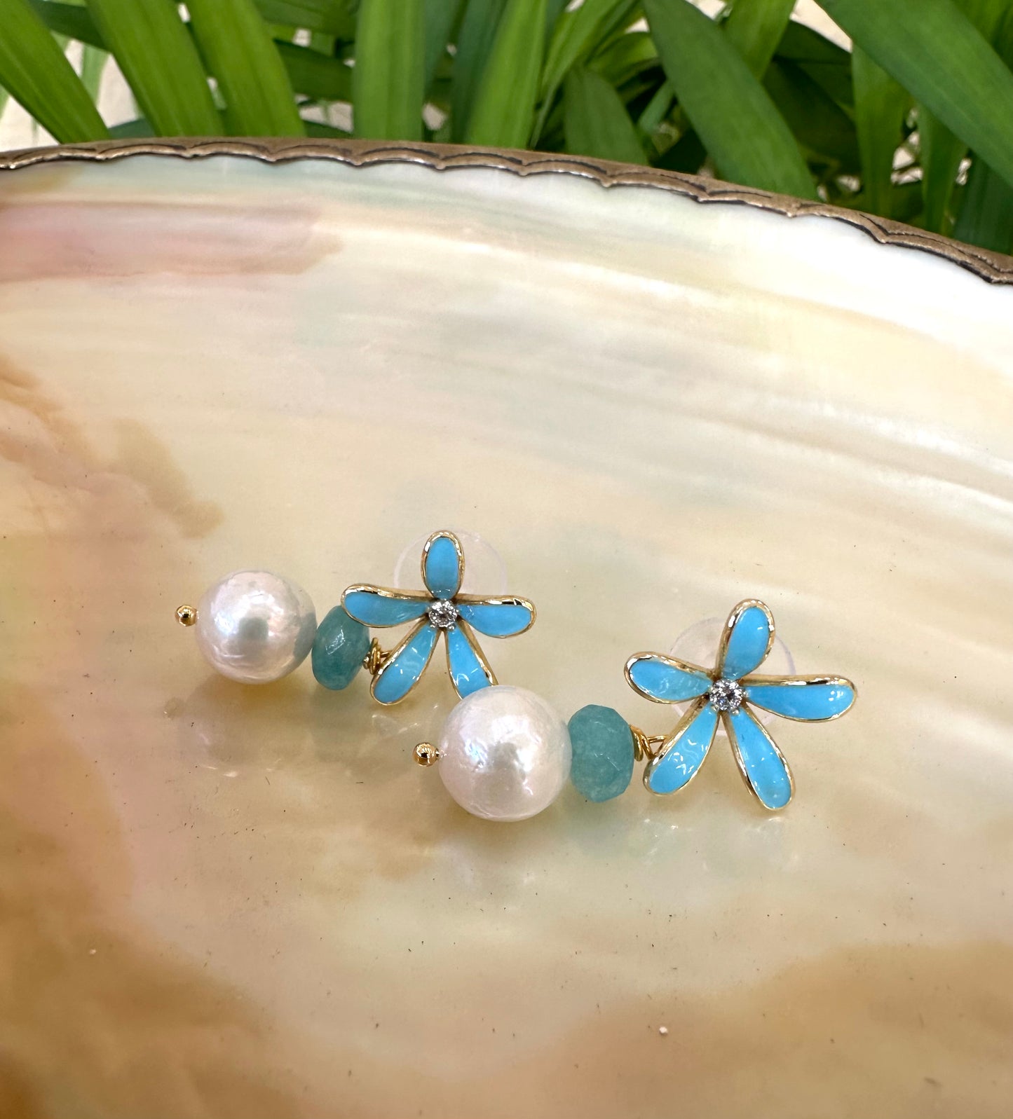 Edison Pearl Aquamarine Earrings – Blue Enamel Flower showcasing elegant design with blue enamel flowers and AAA+ white pearls.
