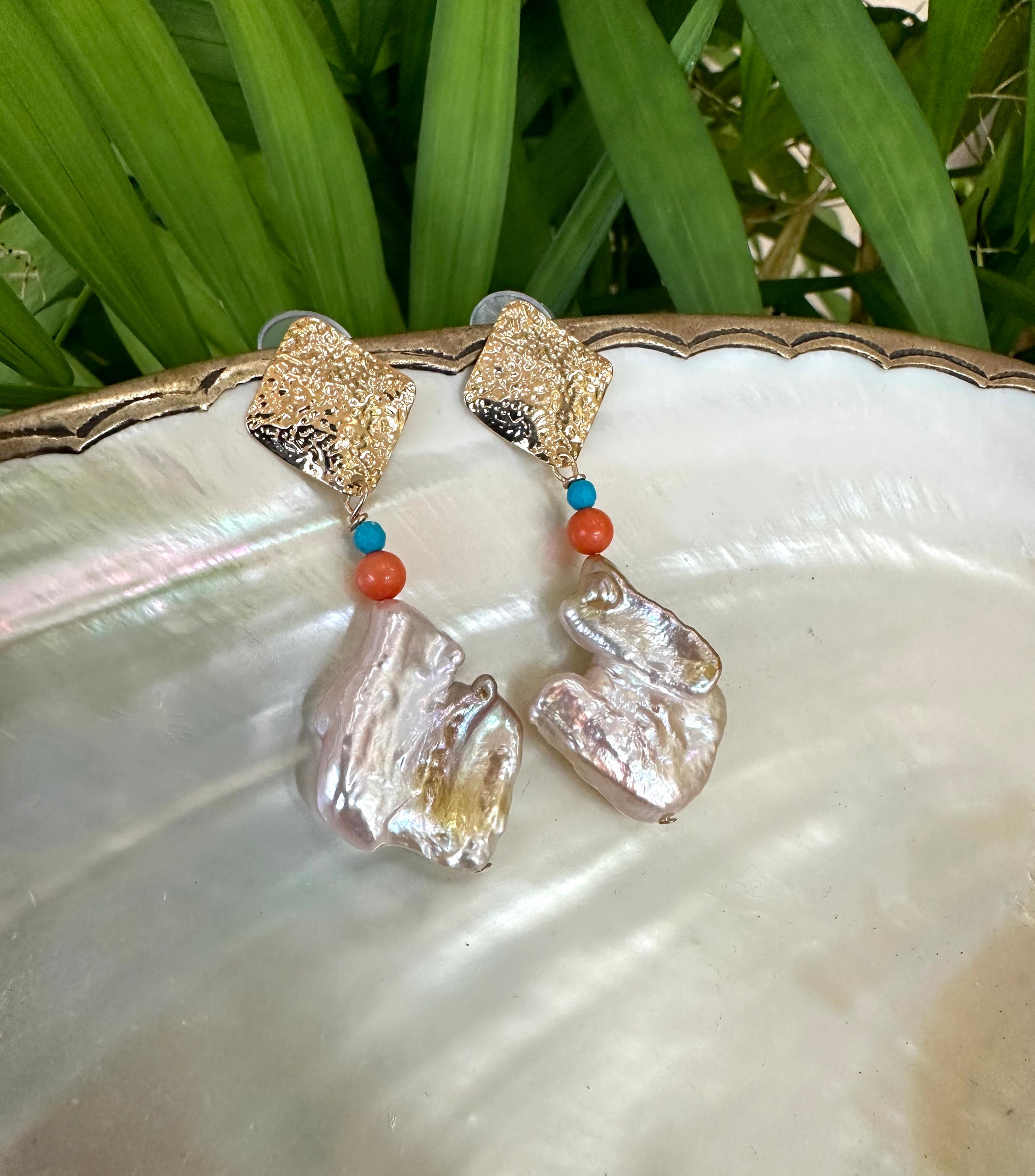 Baroque Pearl Turquoise Coral Earrings featuring bold baroque pearls, turquoise, and coral in a modern design.