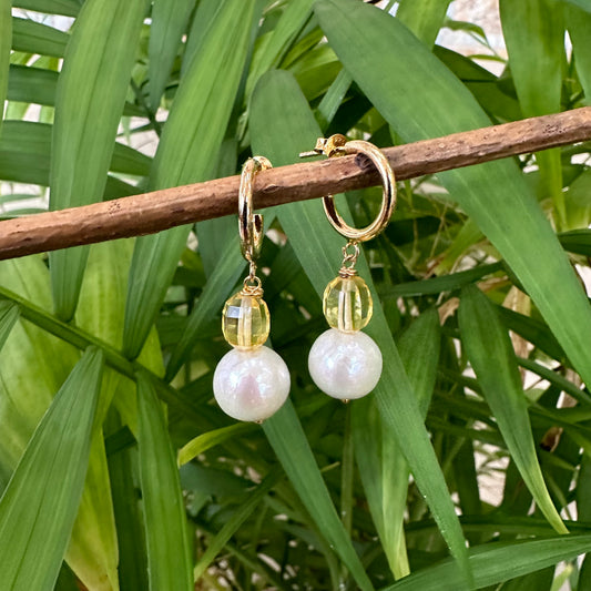 Pearl hoop earrings featuring Edison pearls and citrine drops, handmade in Canada