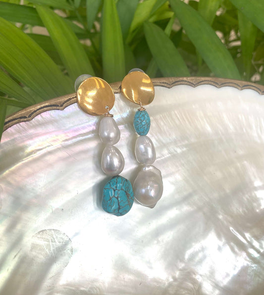Freshwater Baroque Pearl Gold Dangle Drop Earrings with Turquoise