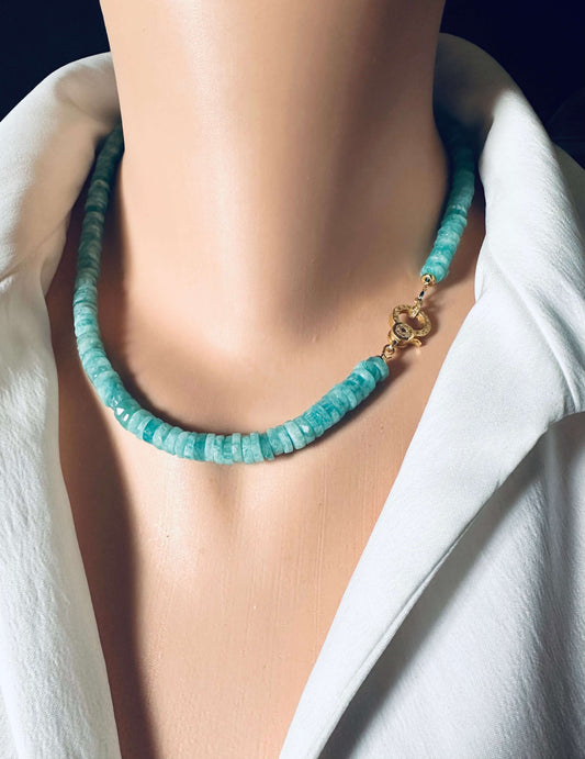 Blue amazonite gemstone necklace featuring unique, faceted beads and a diamond pavé gold vermeil clasp.