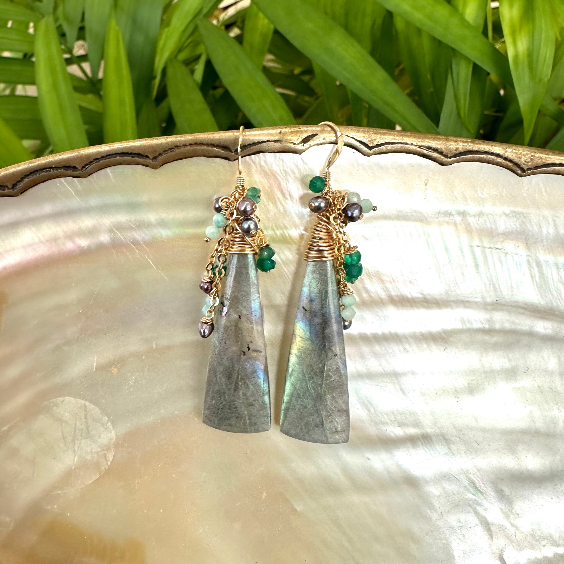 Labradorite amazonite green onyx black pearl earrings featuring natural gemstone cluster design