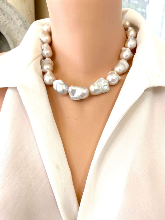 Baroque Pearl Chunky Necklace showcasing handcrafted design with unique white freshwater baroque pearls on a soft grey silk thread.