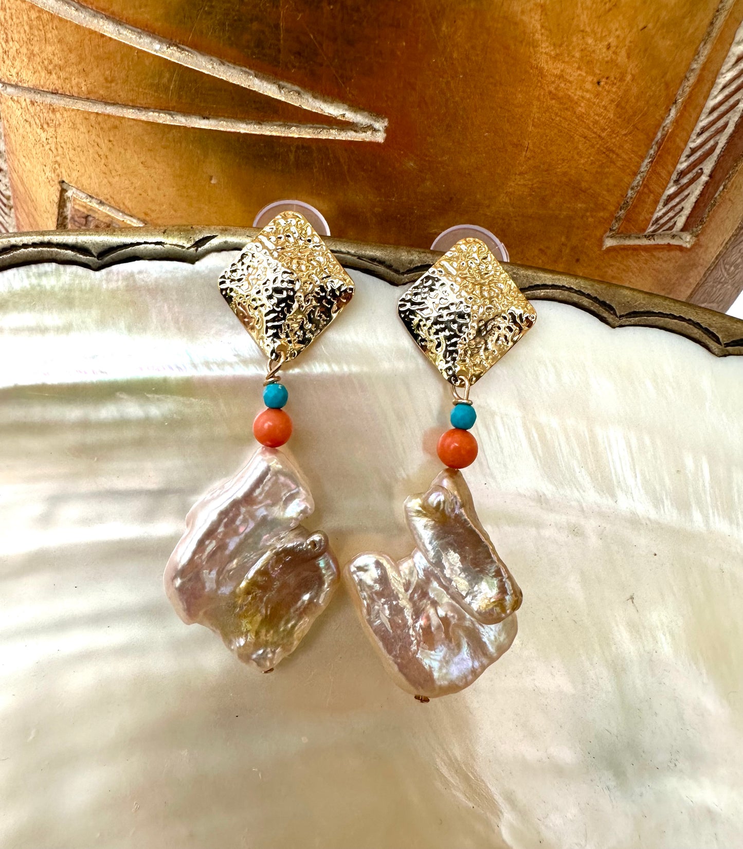 Baroque Pearl Turquoise Coral Earrings – Chunky Gold Statement earrings featuring baroque pearls, turquoise and coral beads.