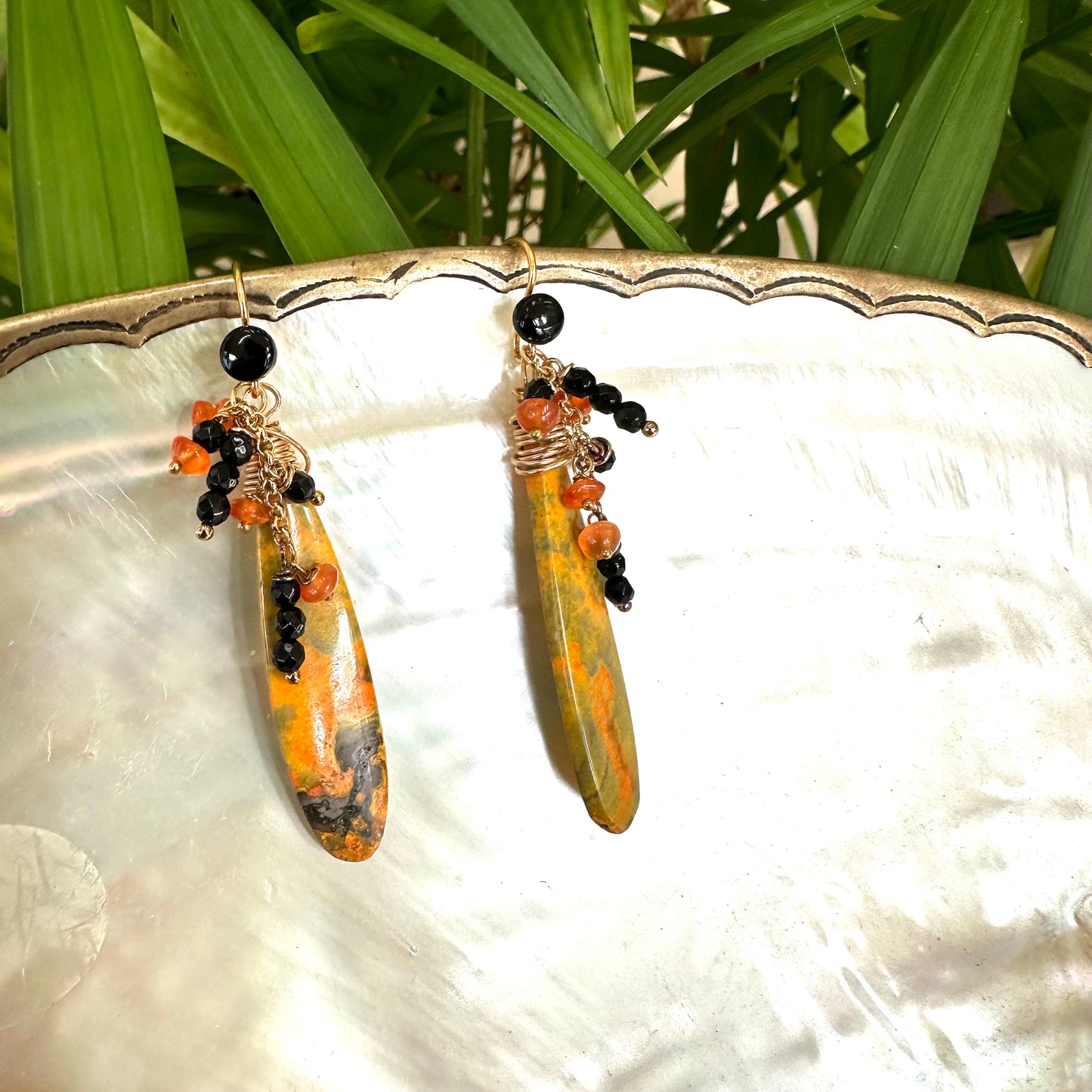 Bumble Bee Jasper Earrings with Carnelian and Onyx Clusters, showcasing vibrant yellow and orange stone patterns.