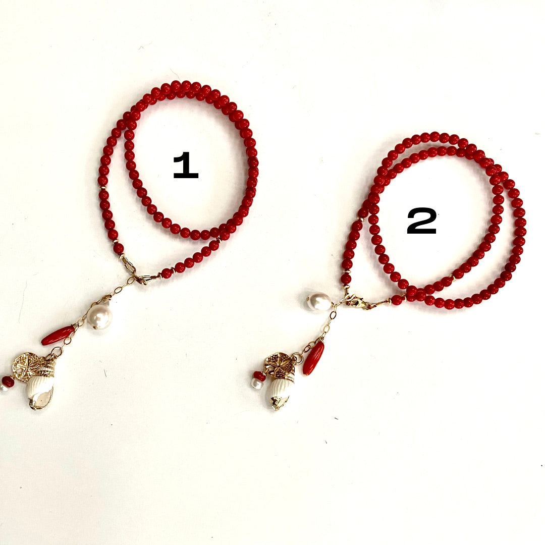 Red Coral Necklace with a tiny seashell & Pearl Pendant