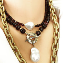 Load image into Gallery viewer, Garnet pearl necklace layered with gold chain featuring baroque pearl pendant
