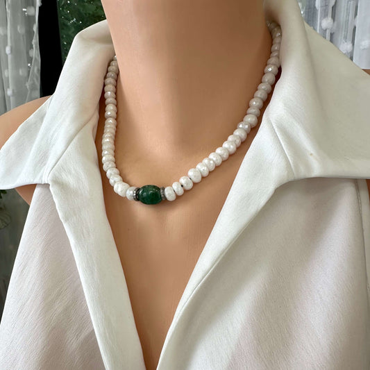 Emerald diamond choker necklace worn at the collarbone with white silverite and emerald accent