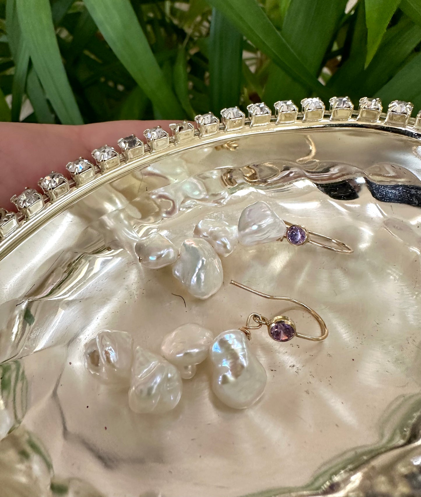 Keshi Pearl Drop Earrings – 14k Gold Filled with Purple CZ displayed on a silver platter, highlighting unique baroque pearls.