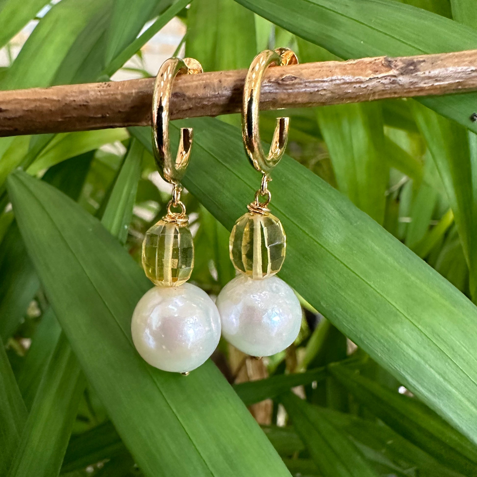 Pearl hoop earrings with near round Edison pearls and faceted citrine accents