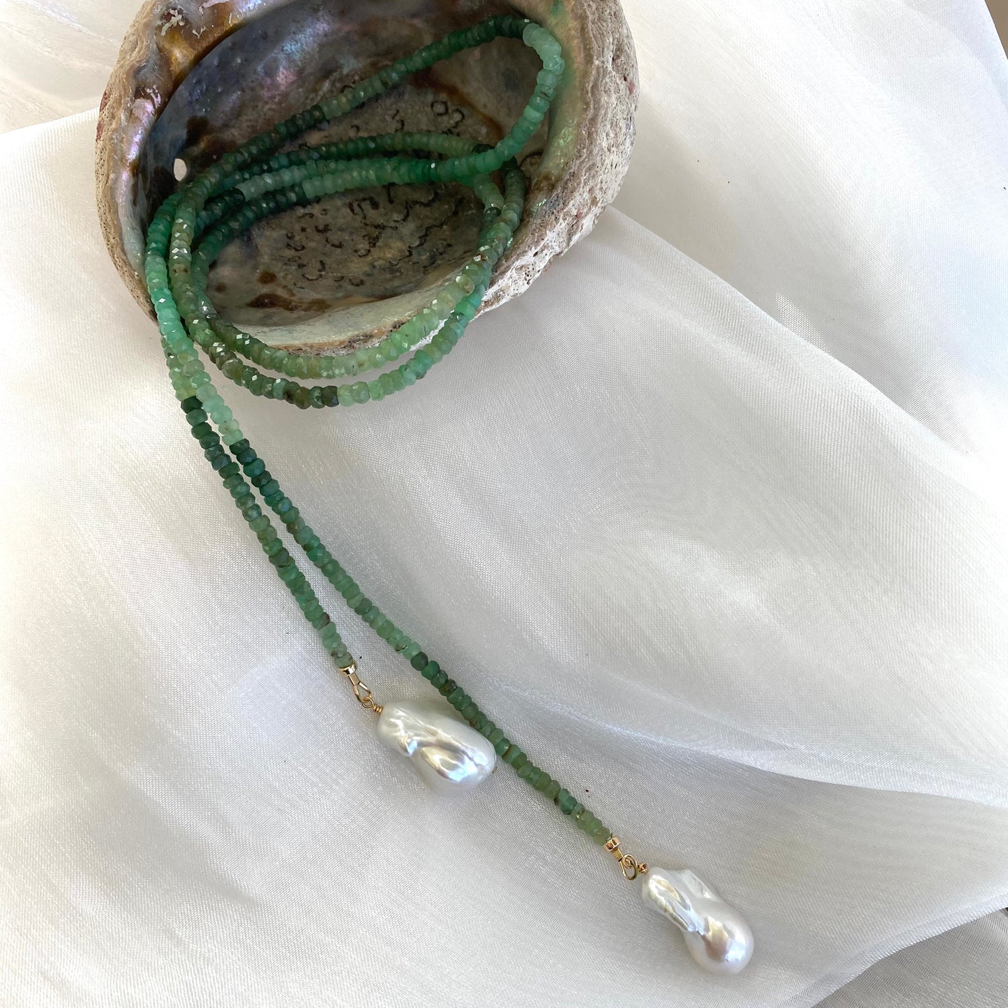 Chrysoprase lariat necklace with gold vermeil details and baroque pearls