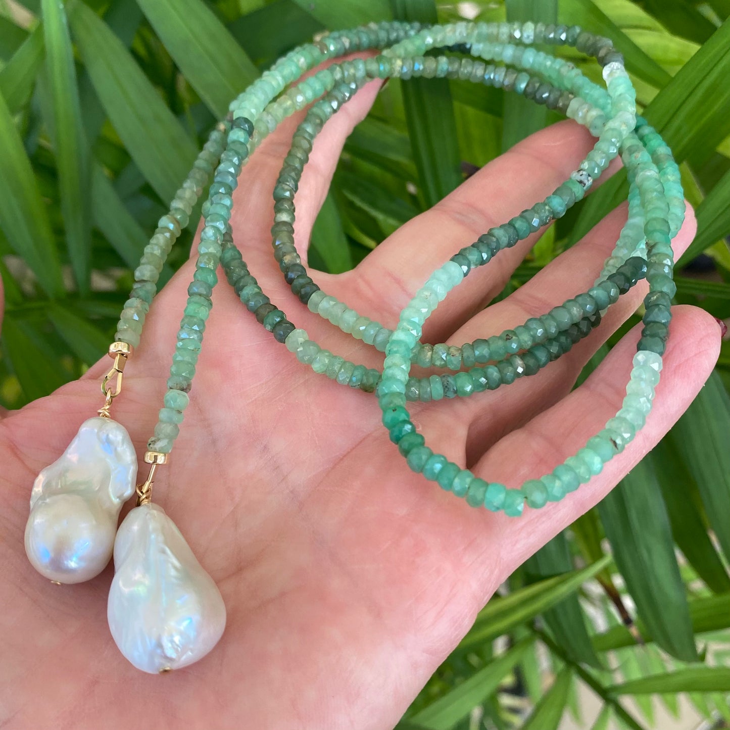 Chrysoprase lariat necklace with green gemstone beads and baroque pearls