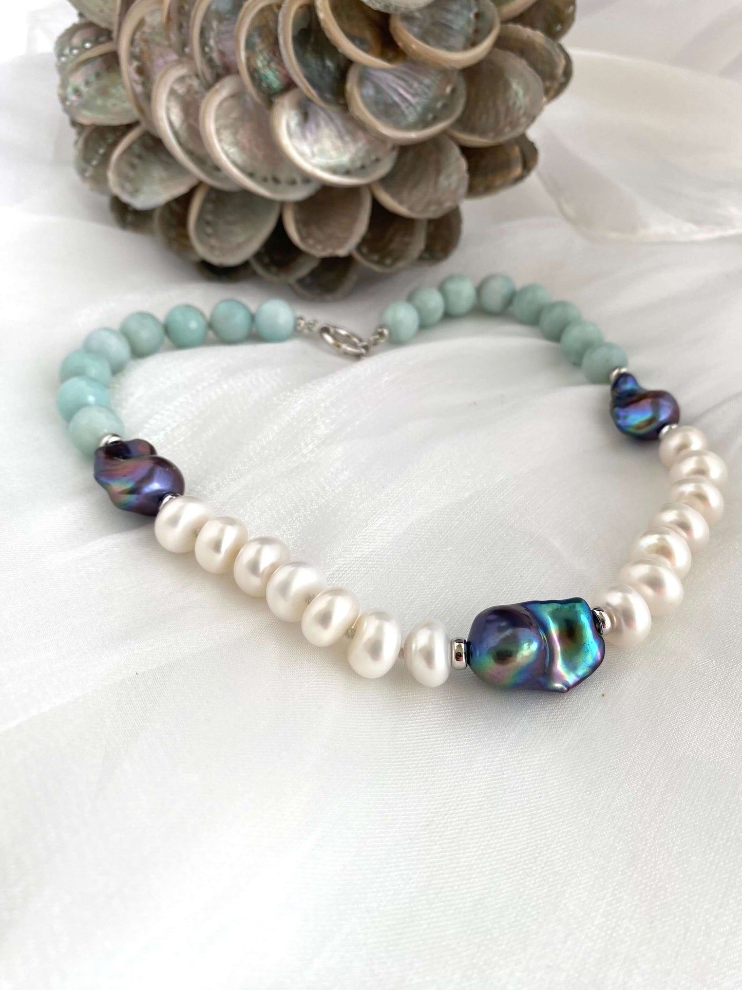 amazonite pearl necklace featuring baroque and coin pearls with vibrant colors and elegant design