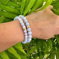 Blue Lace Agate Bracelet pair worn on woman’s wrist – stacked natural look