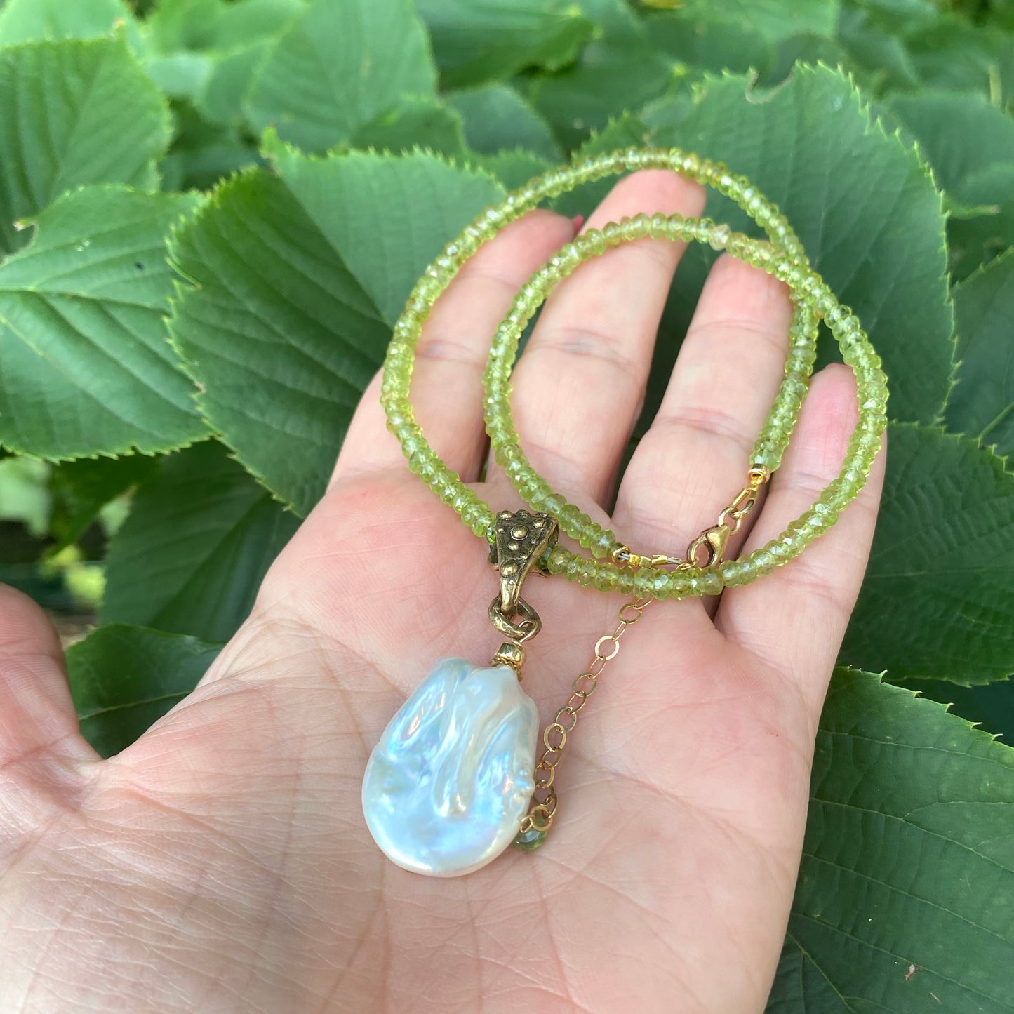 Peridot pearl pendant necklace handmade in Canada with removable baroque pearl and peridot beads