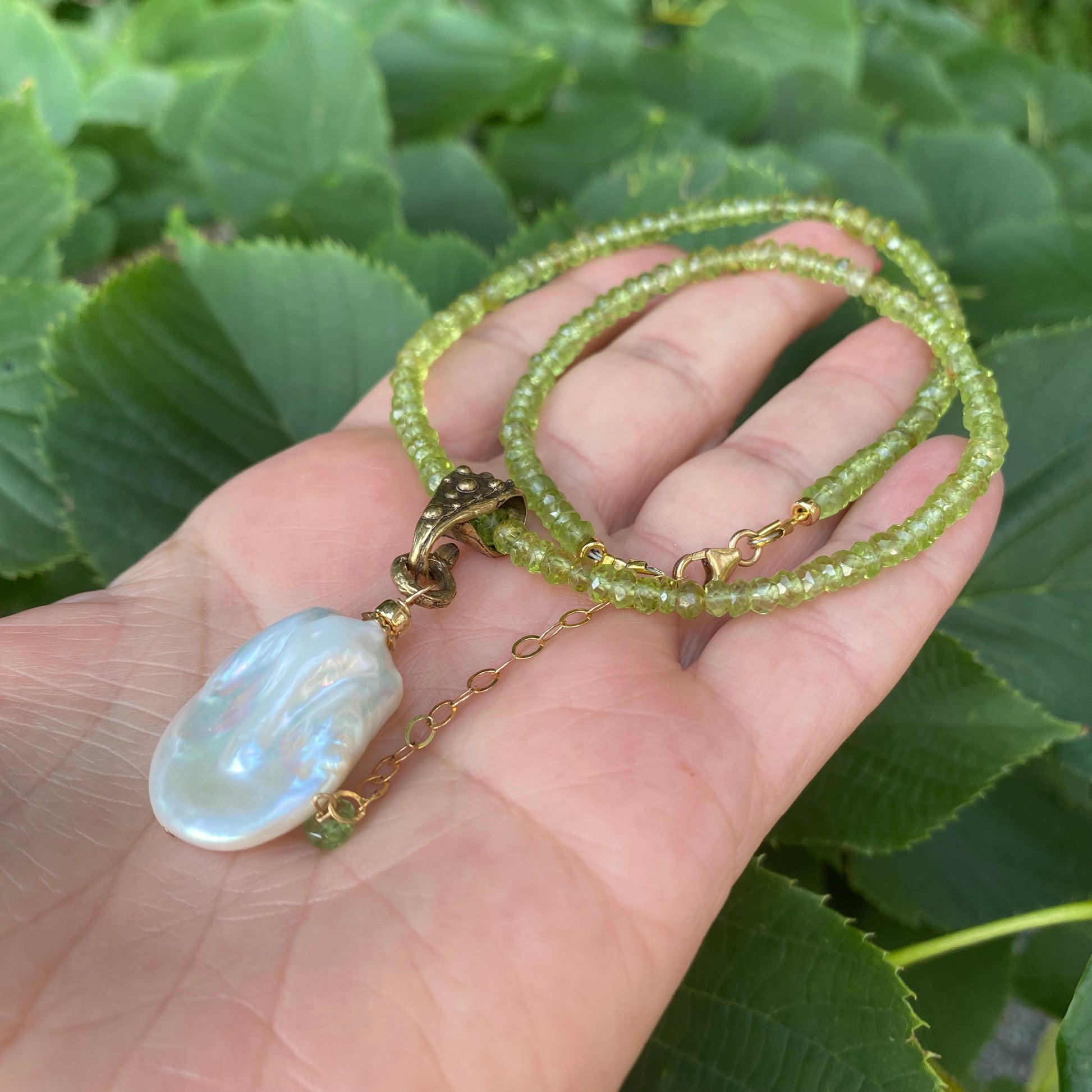 Peridot pearl pendant necklace with faceted peridot beads and large white baroque pearl handmade in Canada