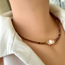 Load image into Gallery viewer, Hessonite garnet baroque pearl necklace featuring golden pink baroque pearl displayed on a mannequin.
