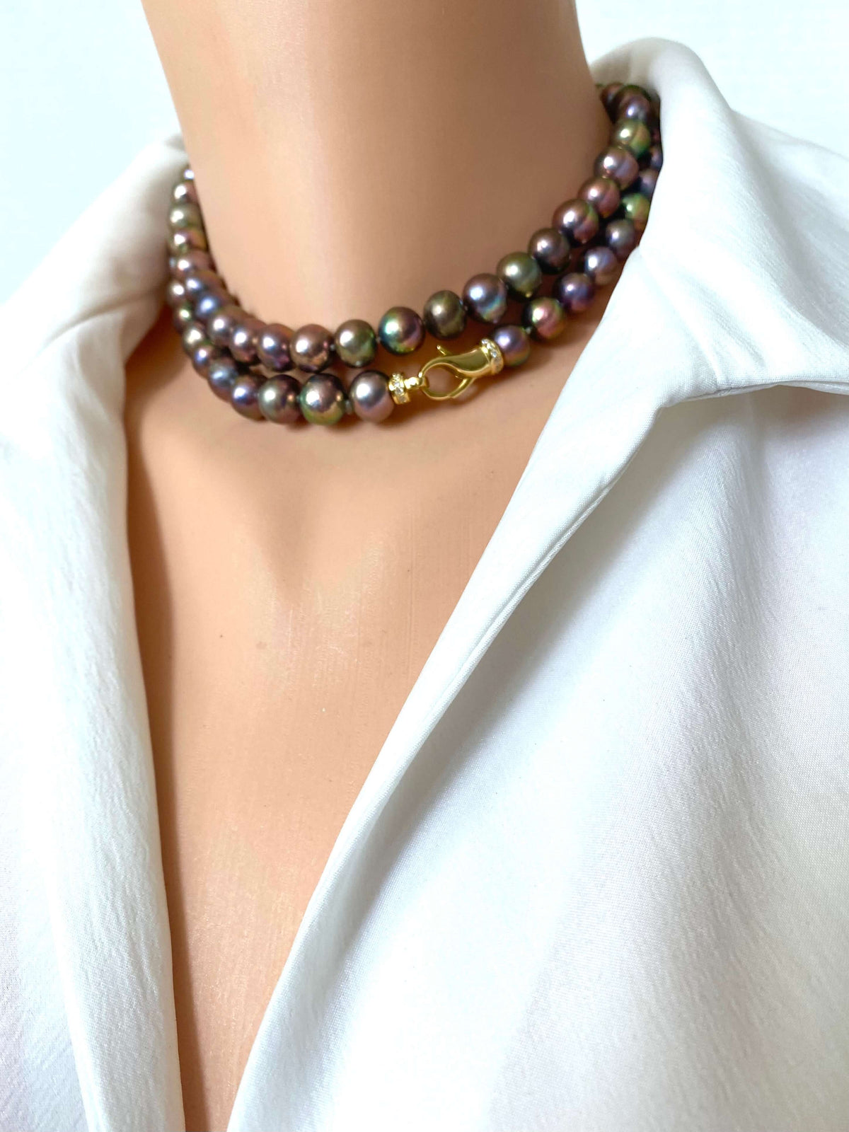 Metallic Pearl Necklace, Long Freshwater Pearl Necklace, Double Wrap Pearl Choker, Y Necklace, 31.5"