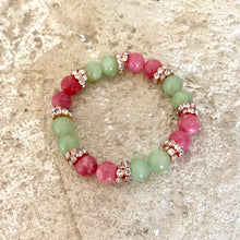 Load image into Gallery viewer, Colorful jade rhinestone stretchy bracelet with red and green jade beads displayed flat
