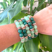 Load image into Gallery viewer, Colorful jade rhinestone stretchy bracelet worn stacked with green jade bead variations
