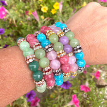 Load image into Gallery viewer, Colorful jade rhinestone stretchy bracelet stacked together showing mixed jade bead colors
