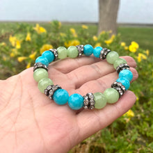 Load image into Gallery viewer, Colorful jade rhinestone stretchy bracelet showing turquoise and green jade beads
