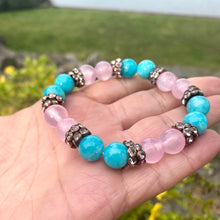 Load image into Gallery viewer, Colorful jade rhinestone stretchy bracelet showing blue and pink jade bead combination
