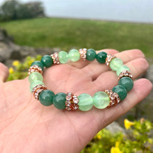 Load image into Gallery viewer, Colorful jade rhinestone stretchy bracelet featuring green jade beads and gold accents
