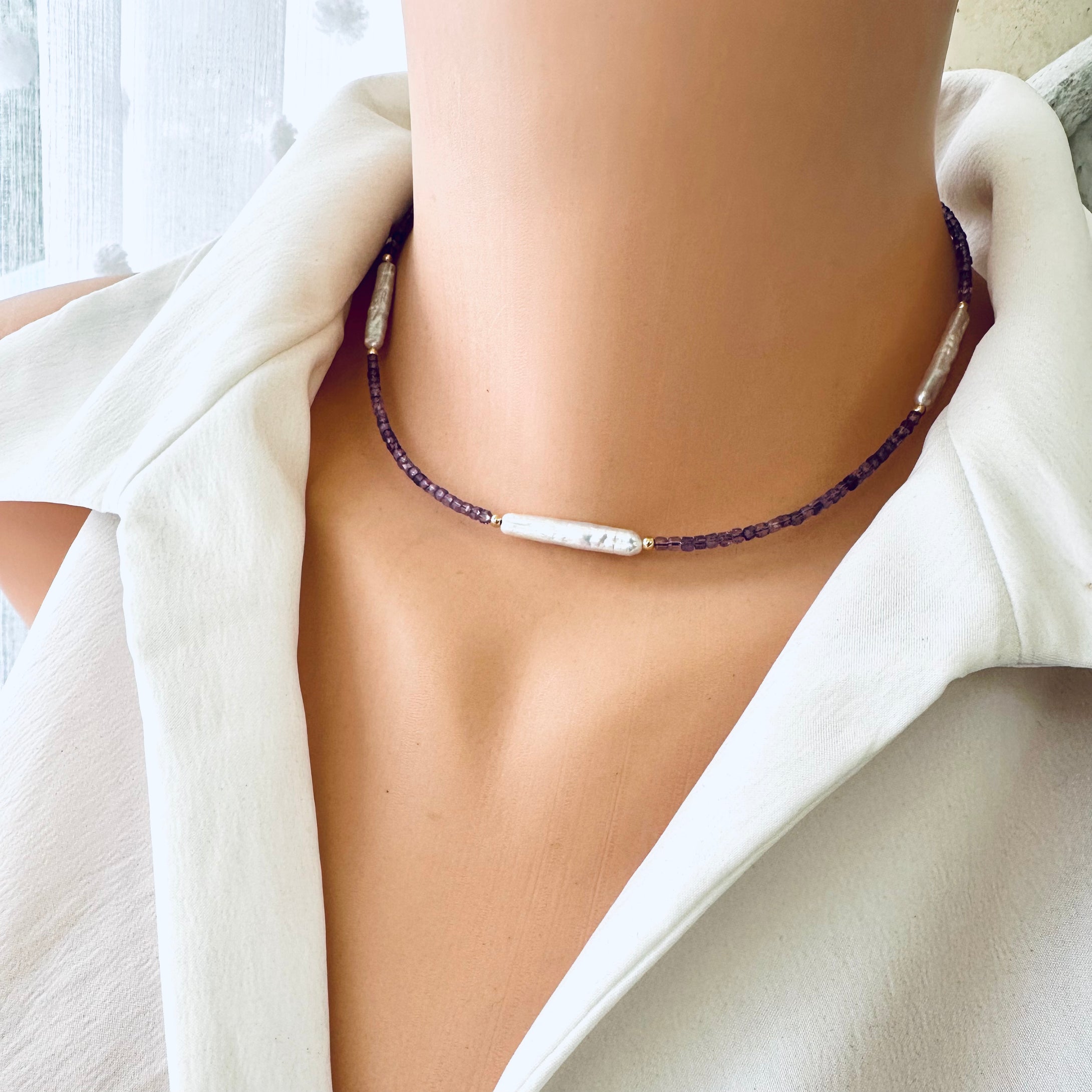 Amethyst Pearl Necklace worn on mannequin – front close-up view