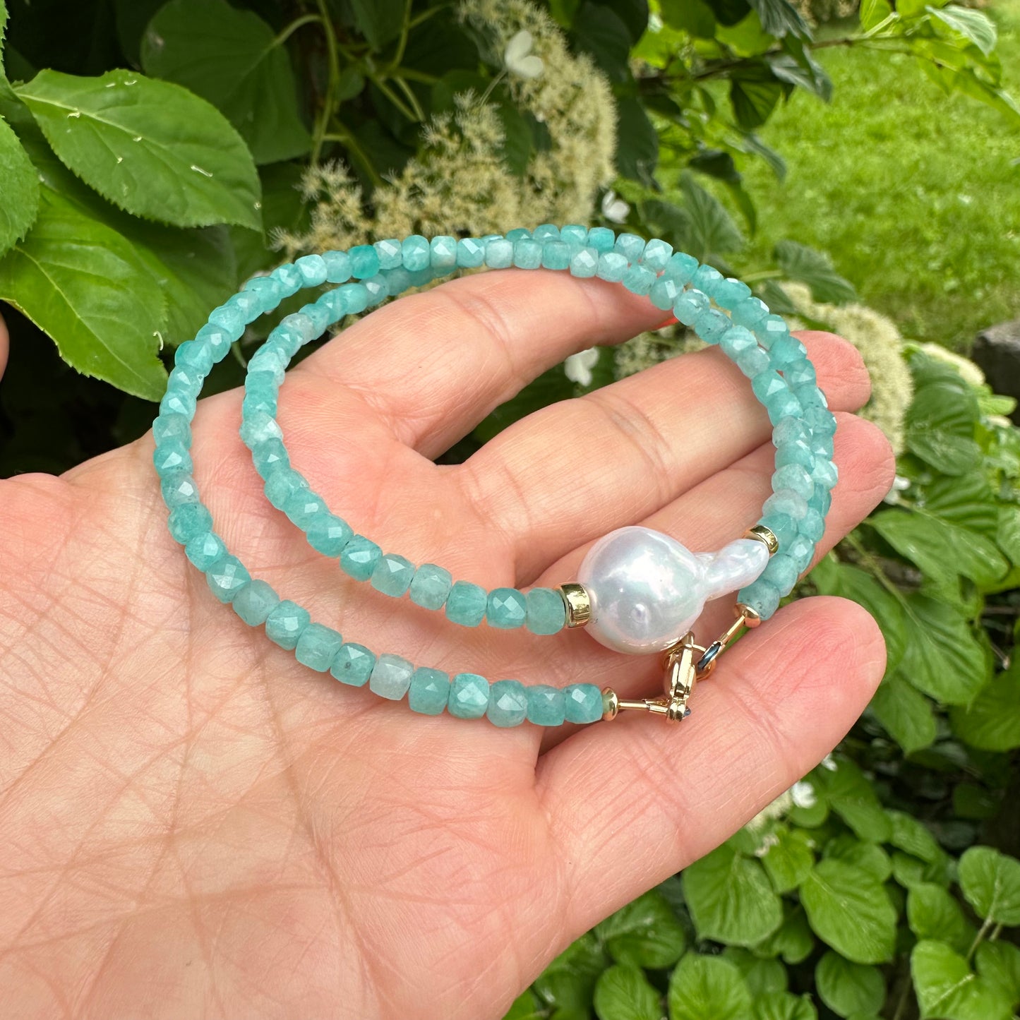 Amazonite baroque pearl necklace with faceted blue amazonite beads and freshwater pearl handmade in Canada