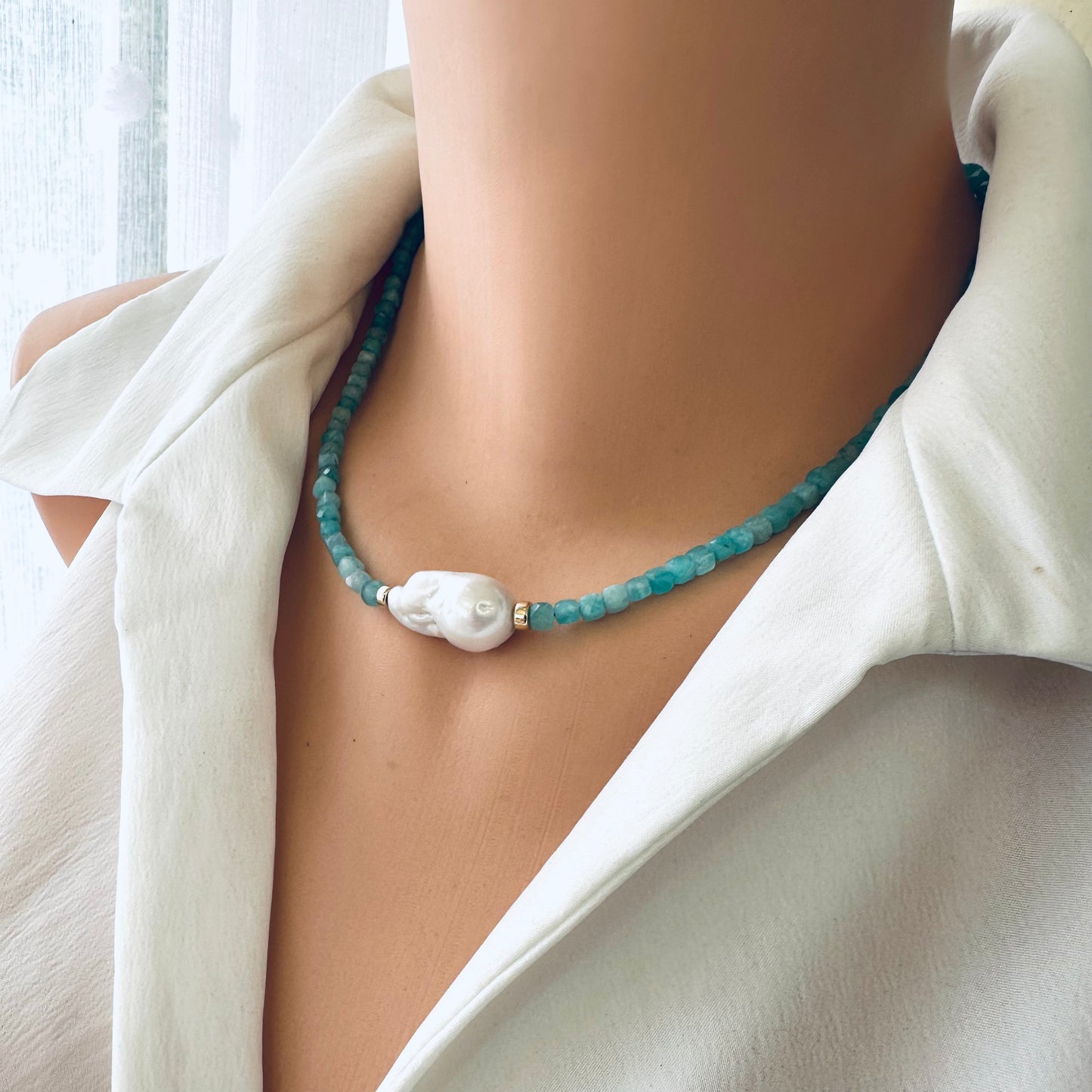Amazonite baroque pearl necklace minimalist design with gold filled details