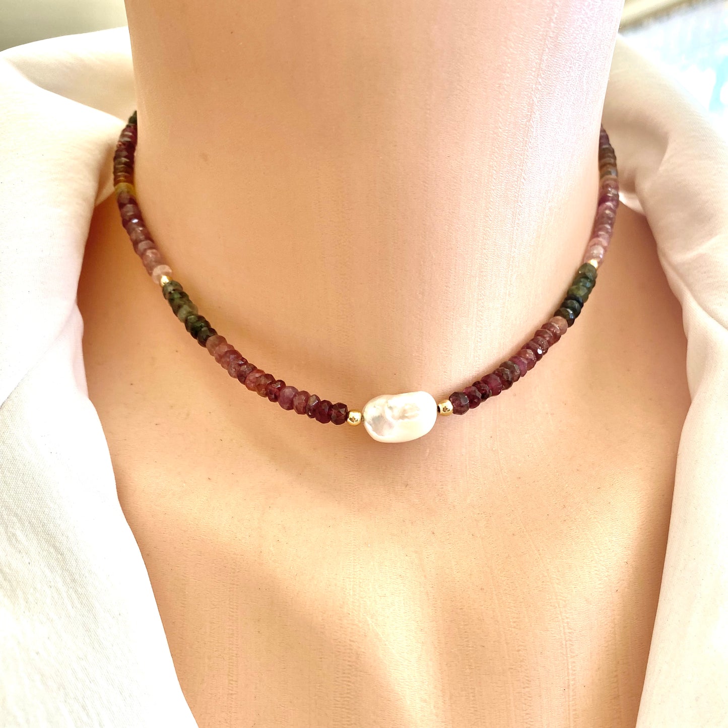 Tourmaline Choker Necklace with a Pearl