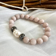 Charger l&#39;image dans la galerie, Light Pinkish Grey Jade Beads &amp; Freshwater Pearl Stretch Bracelet, Polymer Clay Rhinestones, Sparkly Statement Jewelry, Bracelets For Women
