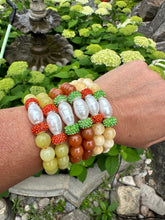 Load image into Gallery viewer, Aventurine jade pearl stretchy bracelet stacked on wrist showing mixed gemstone color combinations
