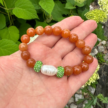 Load image into Gallery viewer, Aventurine jade pearl stretchy bracelet with red aventurine beads and rhinestone accents

