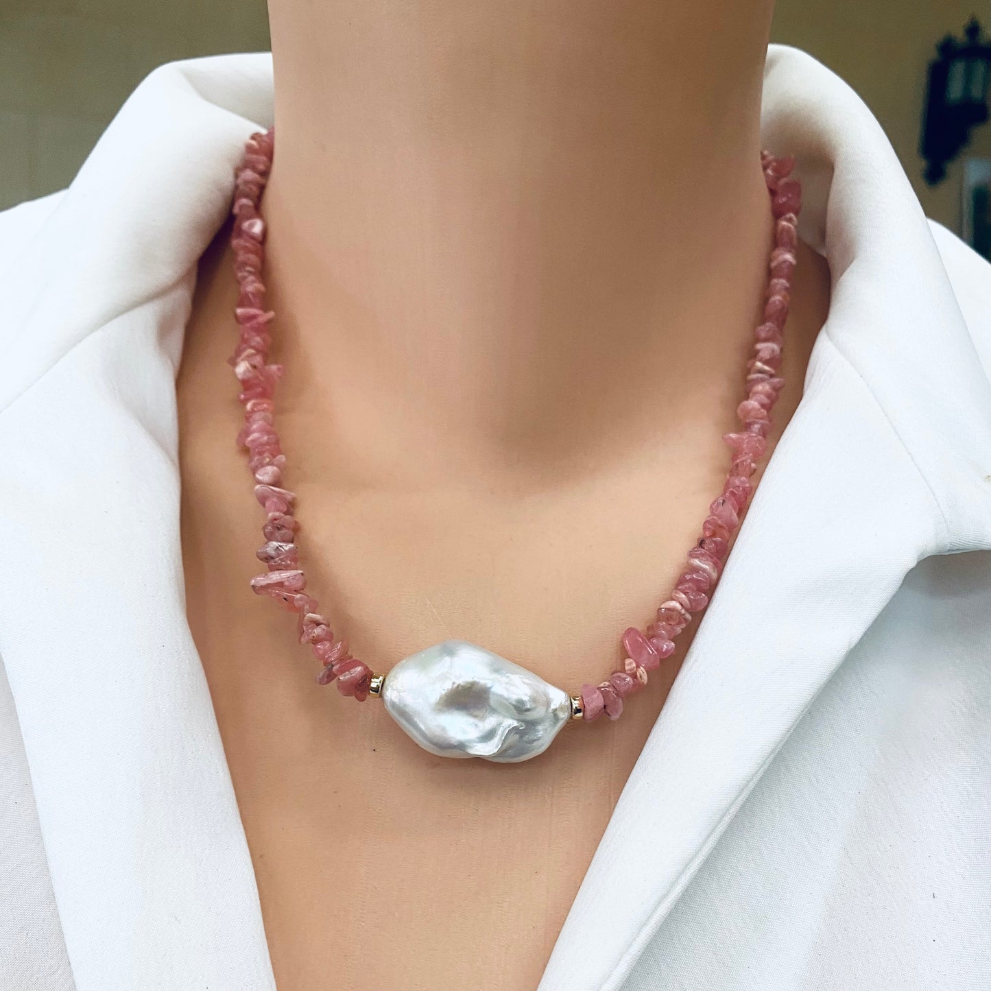 Rhodochrosite pearl necklace handmade in Canada