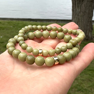 Bracelet extensible en jaspe vert olive de 6 ou 8 mm, 14 carats GF, 18 cm
