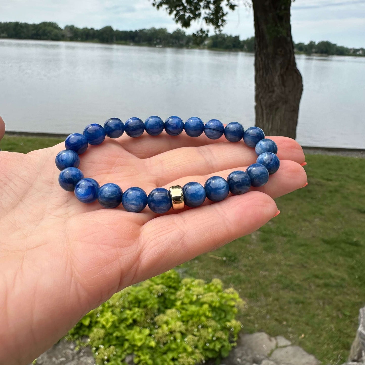 Close up of blue kyanite bracelet outdoors with greenery