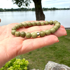 Bracelet extensible en jaspe vert olive de 6 ou 8 mm, 14 carats GF, 18 cm