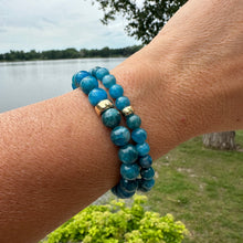 Load image into Gallery viewer, Blue Apatite Bracelet worn as a pair on wrist – two-bracelet stacked look

