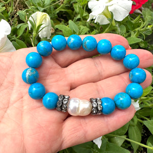 Bracelet extensible en howlite turquoise et perles, strass, 18 cm