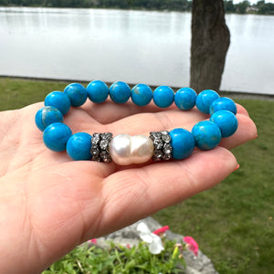 Bracelet extensible en howlite turquoise et perles, strass, 18 cm
