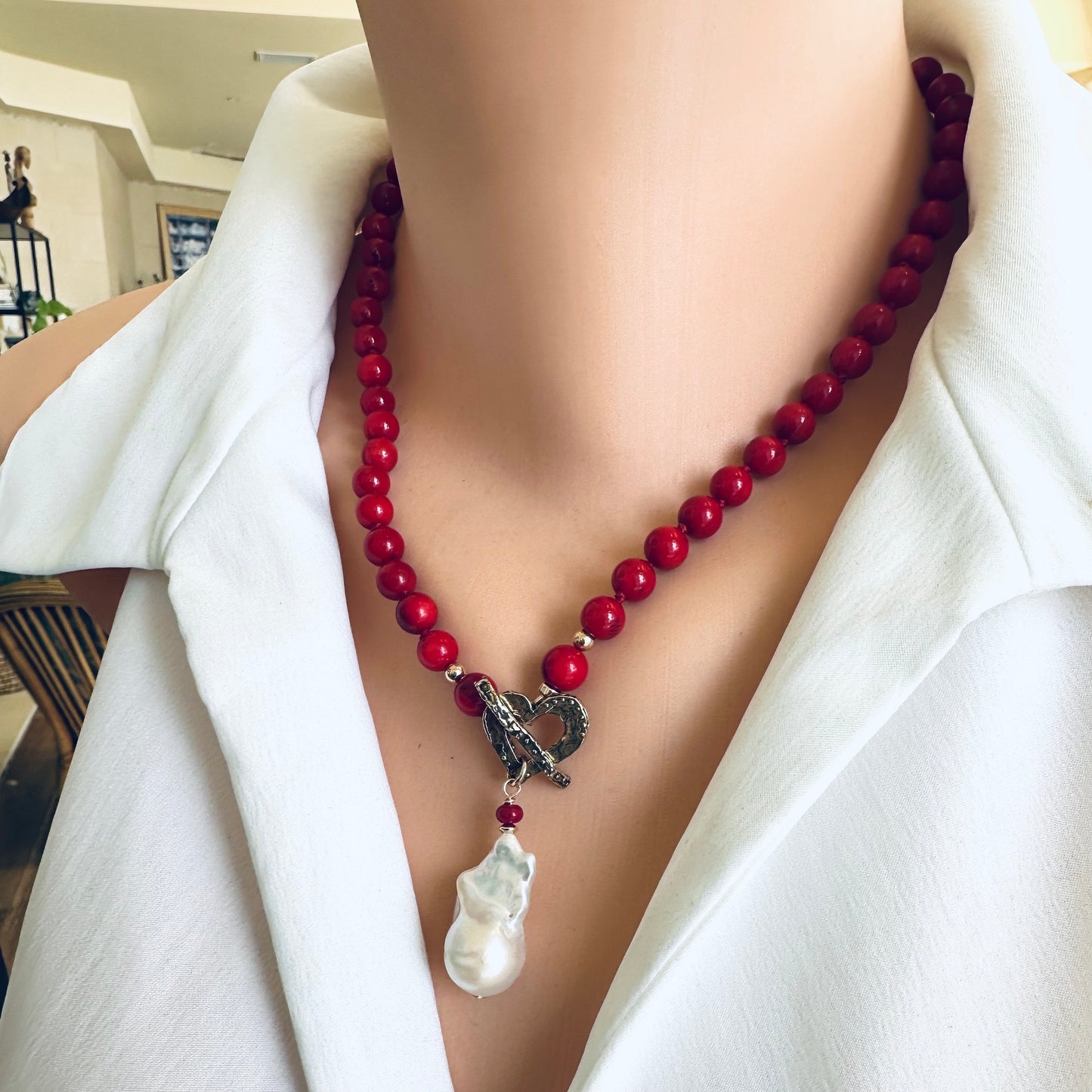 Red Bamboo Coral & White Baroque Pearl Toggle Necklace