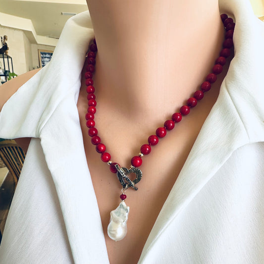 Red Bamboo Coral & White Baroque Pearl Toggle Necklace